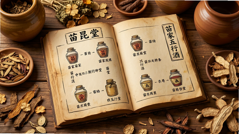 主体:一本翻开的古朴书籍,书页上绘制着苗家五行酒的制作流程插画,旁边摆放着几种中药材。布局:书籍居中,周围散落着干草药、陶罐等物品,构图饱满。排版:书页上的插画清晰,有文字标注。风格:写实与手绘结合,暖黄色调,充满古朴质感。细节:书页上可见“苗昆堂”字样,药材纹理清晰。画质:高清细腻,干净,无多余元素。