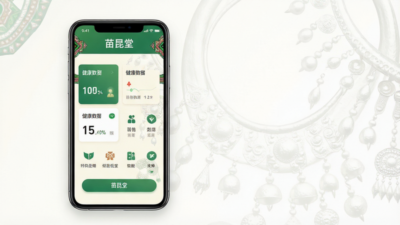 主体:一部亮着屏幕的智能手机,屏幕上清晰显示“苗昆堂”APP的首页界面,界面风格简洁清爽,以绿色和米白色为主色调,带有苗族传统纹样装饰。布局:手机居中偏左,右侧留白,屏幕内容展示健康数据卡片和功能图标。排版:手机屏幕内的信息排列整齐,有标题栏、数据卡片、按钮等元素。风格:现代扁平化设计风格,融合苗族元素,整体干净明亮。细节:屏幕内容可辨识,有“苗昆堂”字样,背景有淡淡的苗族银饰图案水印。画质:高清渲染,干净,无多余元素。