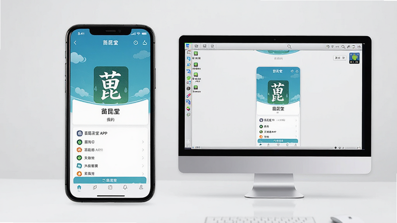 主体:一部手机和一台电脑并排放置,手机屏幕显示苗昆堂APP的“我的”页面,电脑屏幕显示安卓模拟器中的同一应用。布局:左右对称,背景简洁。排版:手机和电脑屏幕内容清晰可辨。风格:现代数码产品展示风格。细节:手机和电脑屏幕上均有“苗昆堂”字样。画质:高清,干净,无多余元素。