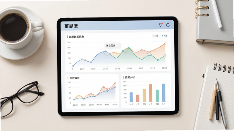 主体:平板电脑上显示苗昆堂APP的健康数据记录界面,展示折线图和柱状图。布局:平板居中,周围有咖啡杯和眼镜等办公物品。排版:图表清晰,有日期轴和数据点。风格:现代简约风格,背景淡雅。细节:屏幕上有“苗昆堂”字样,图表颜色柔和。画质:高清,干净,无多余元素。