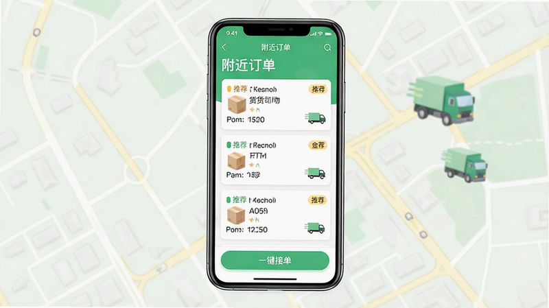 ���壺���������˾����APP�����ܶ������͹���չʾ���ֻ���Ļ��ʾ���������б���������ͽ�����򡣲��֣��ֻ����У���Ļ���ж��������Ƭ��ÿ����Ƭ��ע������롢�˷ѡ��Ű棺��Ƭʽ���֣������С��������������⣬�ײ��С�һ���ӵ�����ť��������¼�࣬��ɫ�Ͱ�ɫΪ����ϸ�ڣ�������Ƭ�ϴ��С��Ƽ�����ǩ����ͼ������ʾ�ܱߵ�·�ͻ���ͼ�ꡣ���ʣ����壬�ɾ����޶���Ԫ�ء�