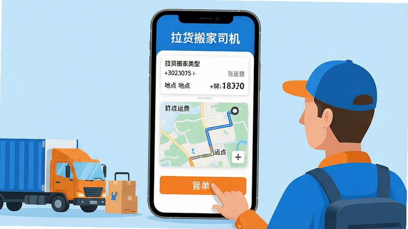 ���壺���������˾����APP����չʾ���ֻ���Ļ����ʾ�����б��͵�����ͼ��˾��ʦ�����ڵ���ӵ���ť�����֣��ֻ����У���Ļ���������ɼ�����Χ�м��Ļ��˳����͹�����Ԫ�ص�׺���Ű棺�ֻ�����չʾ�����֡��������˾����λ�ڻ��涥�����·��ж�����Ƭ��·��ͼ�����дʵ���ƽ��ϣ�ɫ����������ɫ�ͳ�ɫΪ��ɫ����ϸ�ڣ�������Ƭ����ʾ�������͡���ֹ�ص���˷ѽ�����·�����������ʣ����壬�ɾ����޶���Ԫ�ء�