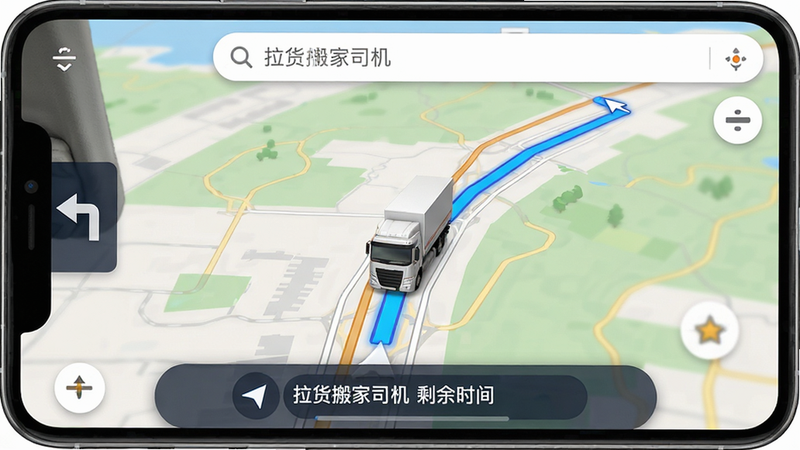 ���壺���������˾����APP�������棬��ʾ��ͼ�ͻ�����ʻ·�ߣ�˾�����ڲ鿴ʵʱ·�������֣���ͼռ��Ļ���壬�ײ��е�����ʾ������ʾʣ��ʱ��;��롣�Ű棺��ͼ������·�߸�����ʾ��ɫ�����������������򡣷��дʵ��񣬵�ͼɫ����ʵ��ϸ�ڣ�����ͼ����·���ƶ��������ת����ʾ��ͷ�����ʣ����壬�ɾ����޶���Ԫ�ء�
