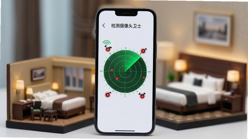 主体为一部智能手机屏幕显示“检测摄像头卫士”扫描界面,屏幕中央有一个绿色雷达扫描圆圈,周围有数个红色警告点标记摄像头位置,手机旁边放置一个酒店房间场景的微缩模型,背景为模糊的酒店卧室,整体布局为手机居中、场景环绕,排版简洁清晰,风格写实且带有科技感,细节包括雷达波纹、摄像头小红点、信号图标,画质高清干净,无多余元素