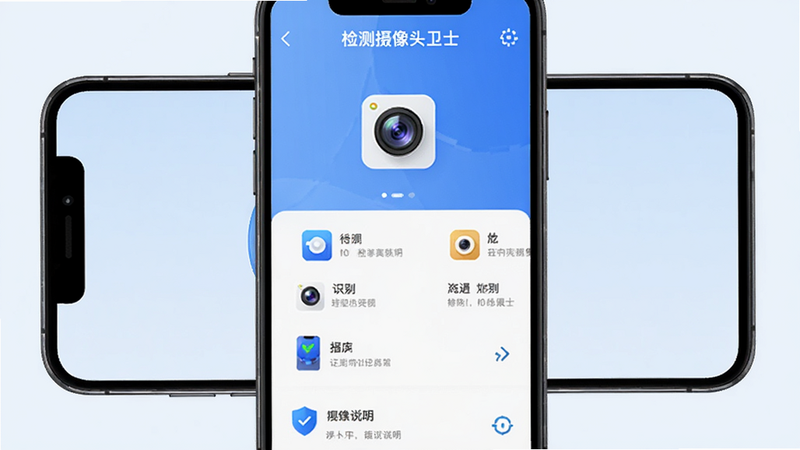 主体为手机屏幕显示“检测摄像头卫士”的摄像头类型识别页面,屏幕中有一个摄像头图标,下方列出多个类型名称和图标,背景为淡蓝色渐变,布局为手机居中,排版整齐,风格科技感,细节包括类型列表、图标、说明文字,画质干净无多余元素