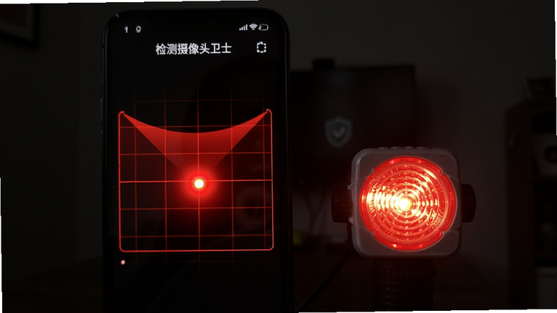 主体为手机屏幕显示“检测摄像头卫士”的红外探测模式,屏幕背景为深色,中央有一个亮红色反光点,周围有扫描网格线,手机旁边有一个小型红外灯道具,背景为暗色房间,布局为手机与道具并排,排版直观,风格写实,细节包括反光点、网格线、红外灯,画质清晰干净