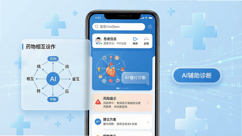 主体:一款名为“智愈MedSeek”的安卓手机应用界面展示,屏幕中央显示医学图谱与AI对话气泡,背景为淡蓝色医疗十字与数据流动线条。布局:手机竖屏居中,左侧留有半透明浮层展示药物相互作用图表,右侧悬浮“AI辅助诊断”按钮。排版:界面采用卡片式模块,顶部为搜索栏与患者信息摘要,中部为风险提示与建议方案列表。风格:现代扁平化设计,搭配医疗蓝与白色主色调,细节处有磨砂玻璃质感。画质:高分辨率渲染,光影柔和,无多余元素,干净整洁。