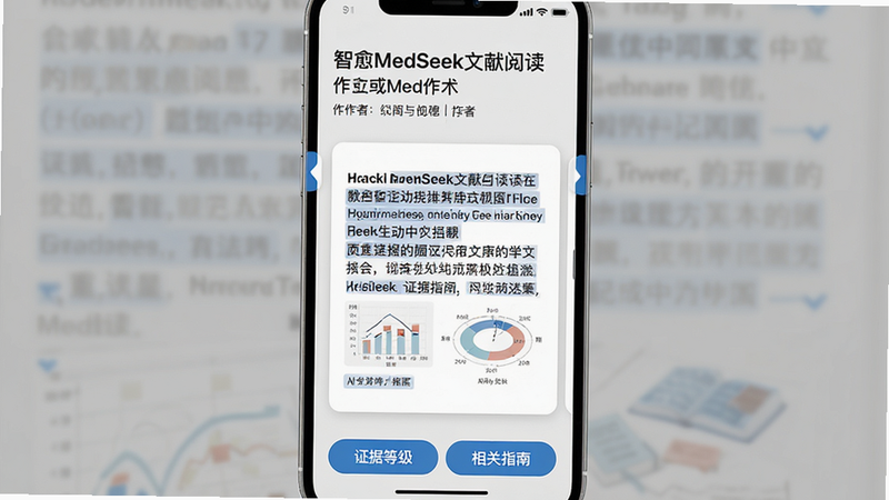主体:智愈MedSeek文献阅读界面,展示一篇英文论文的AI生成中文摘要。布局:手机竖屏,上方为论文标题与作者信息,中部为摘要卡片,下方为“证据等级”“相关指南”按钮。排版:卡片式布局,重点语句高亮,可左右滑动切换文章。风格:学术简约风,灰色背景搭配蓝色强调色。画质:文字清晰,图表还原度高,无多余装饰。