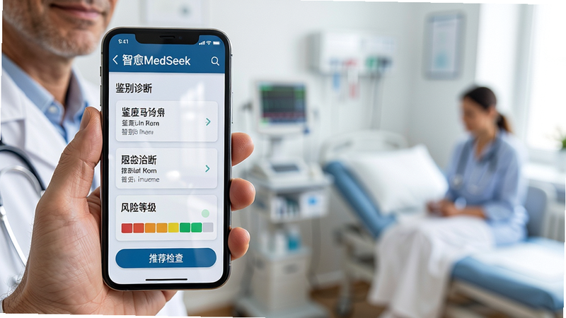 主体:医生手持手机使用智愈MedSeek,屏幕上显示“鉴别诊断”列表与风险等级色条。布局:医生位于画面左侧三分之一,手机屏幕朝右前方面向镜头,右侧背景为模糊的诊室环境。排版:屏幕内容清晰可见,包含三个候选诊断卡片与“推荐检查”按钮。风格:写实摄影风格,浅景深突出手机屏幕,医疗环境光线明亮。画质:细节丰富,皮肤纹理与屏幕反光自然,干净无杂乱元素。