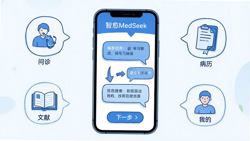主体:手机屏幕显示智愈MedSeek的使用教程页面,包含步骤指示箭头与功能标注。布局:手机居中,周围有四个小图标分别代表“问诊”“病历”“文献”“我的”。排版:教程内容以对话气泡形式呈现,底部有“下一步”按钮。风格:插画风格,蓝色主调,简洁明快。画质:高分辨率,线条流畅,无多余元素。