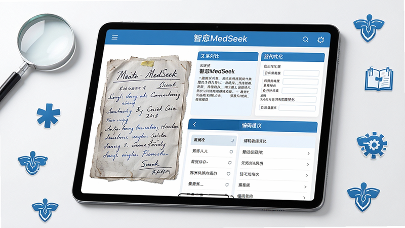 主体:平板电脑展示智愈MedSeek的病历编辑界面,左侧为原始手写病历照片,右侧为自动提取的结构化字段。布局:平板居中倾斜摆放,周围散落着放大镜与医学图标。排版:界面分为上下两栏,上栏为文本对比区,下栏为编码建议列表。风格:清新商务风,蓝白配色,强调数据对比与转换过程。画质:高清晰度,文字锐利,背景简洁无杂物。