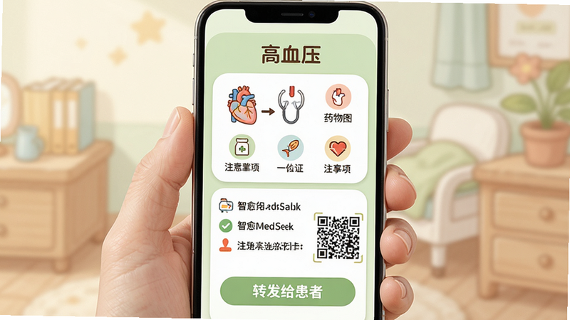主体:手机屏幕显示智愈MedSeek生成的患教卡片,包含药物用法图示与注意事项图标。布局:卡片居中,背景为淡绿色,上方为疾病名称“高血压”,下方为三条要点与二维码。排版:图文混排,图标化表达,底部有“转发给患者”按钮。风格:温馨卡通风格,色彩柔和,适合中老年患者阅读。画质:图标清晰,色彩过渡自然,无多余元素。