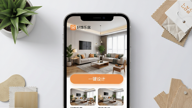 ���壺�����־�APP����չʾ��ǰ��Ϊ�����ֻ���Ļ����Ļ����ʾ�������ִ�����3DЧ��ͼ�������С������־ӡ�Ʒ��Logo�����֣��ֻ����У�����Ϊ��͵�ǳ��ɫ���䣬��Χ��׺��Լ����ɫֲ���װ�޲���С�����Ű棺�ֻ���Ļ�����������ص�ͻ����һ����ơ���ť�Ͱ�������ͼ������ִ���Լ������ͨ͸�����ϼҾ���Ӧ�õ����ʡ�ϸ�ڣ���Ļ��Ӱ��Ȼ������ͼ�꾫�£�ɫ�ʴ�����ܰ�����ʣ�8K�����壬�ɾ��޶���Ԫ�ء�