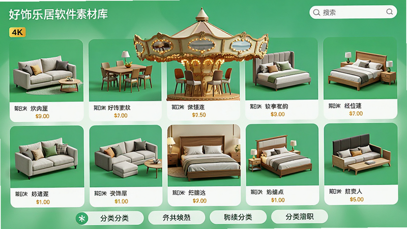 ���壺�����־������زĿ���棬չʾ���ַ��ļҾ�3Dģ�ͣ�����ɳ�������������ȡ����֣���Ļ����Ϊ��תľ��ʽ�ز��б����·�Ϊ�����ǩ�����Ͻ�Ϊ�������Ű棺�ز���������ʽ���У�ÿ��ģ���·���ʾ���ƺͼ۸񡣷�����������࣬���е���ƽ̨���Ӿ��С�ϸ�ڣ�ģ����Ⱦ��ϸ����ӰЧ����ʵ������Ϊ��ɫ�����ʣ�4K���壬�޶����׺��