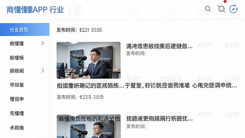 商懂懂APP行业资讯页面,展示新闻列表,包含标题、配图、发布时间,左侧有分类导航栏,整体风格简洁,白色背景,蓝色标题,配图清晰,布局整齐,高画质,干净无多余元素