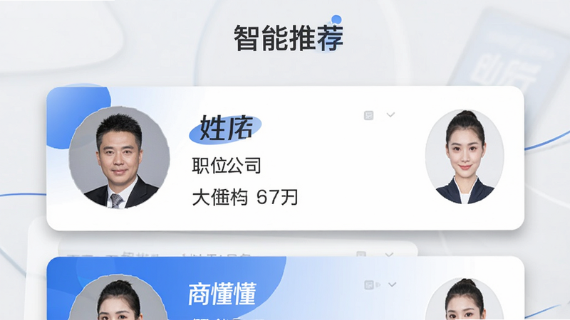 商懂懂APP智能人脉推荐功能界面,展示推荐名片列表,包含头像、姓名、职位、公司信息,卡片式布局,背景为浅灰色,卡片有阴影效果,顶部有“智能推荐”标题,整体风格专业商务,蓝色点缀,高画质,干净无多余元素