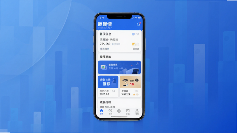 商懂懂APP主界面预览图,展示首页信息流、商务人脉推荐卡片、底部导航栏,整体风格简洁商务,以蓝色和白色为主色调,界面布局清晰,图标精致,手机居中展示,背景为渐变蓝色商务风格,高画质,干净无多余元素