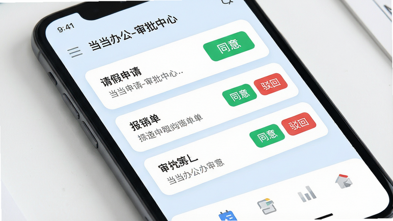 主体:手机屏幕显示当当办公的审批列表,包含请假申请、报销单等条目。布局:列表清晰,每条目右侧有“同意”“驳回”按钮。排版:简洁列表式,背景为淡蓝色。风格:移动端UI设计,圆角卡片风格。细节:顶部有“审批中心”标题,底部有统计图标。文字:屏幕上方显示“当当办公-审批中心”。画质:细腻,干净,无多余元素。