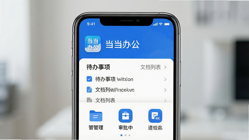 主体:一部智能手机屏幕显示当当办公主界面,界面风格简洁现代。布局:手机居中,屏幕内容清晰可见,上方有“当当办公”应用图标与名称,下方展示文件管理、审批中心等图标。排版:画面干净,突出手机与屏幕内容。风格:扁平化设计,色彩以蓝白为主,商务感强。细节:屏幕中隐约显示“待办事项”与“文档列表”字样,画质高清。文字:屏幕上方显示“当当办公”四个字。画质:4K高清,干净,无多余元素。
