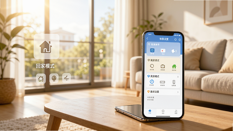 ��������Ϊ������APP�ĳ����������ý��棬�������С��ؼ�ģʽ�������ģʽ���ȳ�����Ƭ��ÿ����Ƭ�ڰ�������豸ͼ�꣬����Ϊ�����Ŀ�������������͸�����⣬�ֻ������ڲ輸�ϣ���Ļ��ʾ��������ҳ�棬����ɫ����������Χ��ܰ�������������޶���Ԫ�ء�
