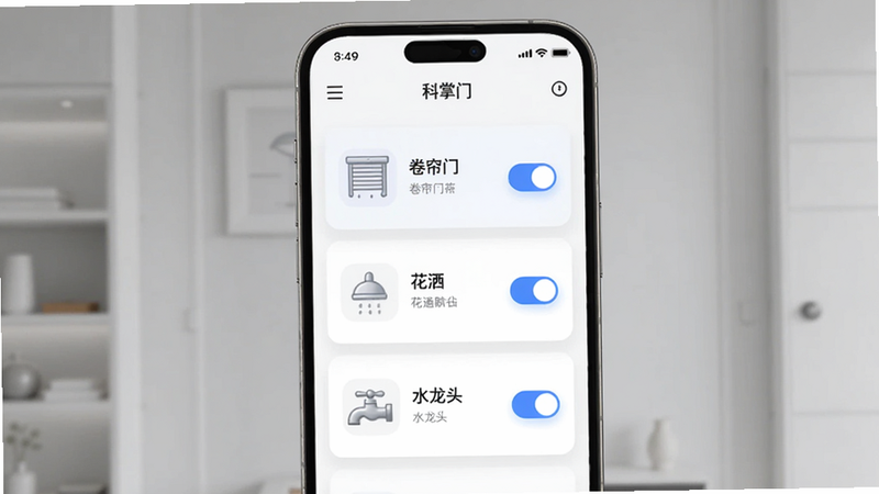 ��������Ϊ������APP���豸�����б�ҳ���б����Կ�Ƭ��ʽչʾ�������š�����������ˮ��ͷ�������豸��ÿ����Ƭ���ж�Ӧ��Сͼ��Ϳ��ذ�ť������Ϊǳ��ɫ������ǽ�棬�ֻ���Ļռ�ݻ������ģ����沼�����룬ɫ����ͣ��Ƽ���ǿ�������������޶���Ԫ�ء�