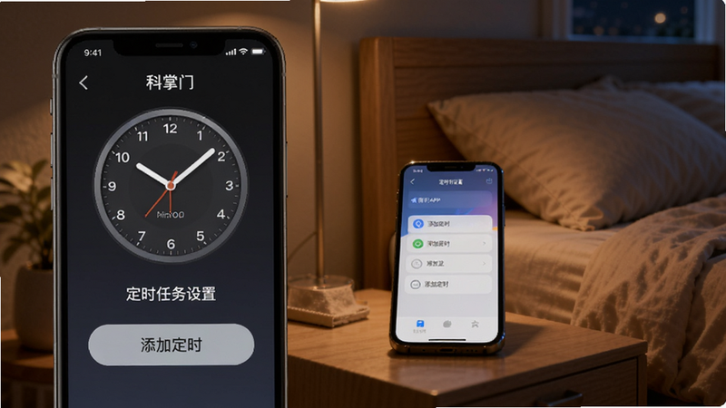 ��������Ϊ������APP�Ķ�ʱ�������ý��棬��������һ��ʱ�ӱ��̺͡����Ӷ�ʱ����ť������Ϊҹ�������ң���ͷ���Ϸ���һ���ֻ����ֻ�������Ļ��ʾ��ʱ����ҳ�棬����ɫ��ƫů��������ͣ��Ƽ�����������ںϣ����ʸɾ����޶���Ԫ�ء�