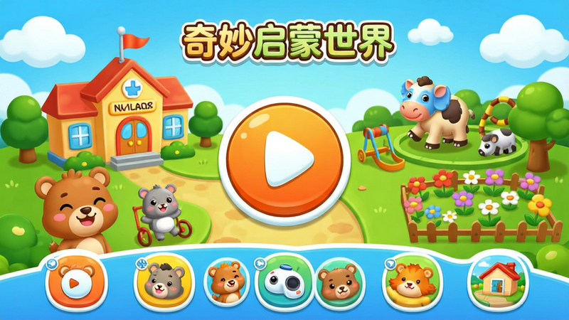 ���壺һ����Ϊ�������������硱�Ķ�ͯ���Ӧ�������棬չʾһ��ɫ�������Ŀ�ͨС����ѧУ������԰��С��԰�����֣���������ͻ��һ���޴�Ĳ��Ű�ť�����ֲܷ��Ÿ��ֻ���ͼ�ꡣ�Ű棺��ͨ����Բ��ͼ�����������ڵײ�����񣺿ɰ�����ܰ��ͯȤ��ɫ�����޵������ۡ�ϸ�ڣ���������С�����ɫ��΢Ц�����Ʈ�Ű��ơ����ʣ����塢�ɾ����޶���Ԫ�ء�