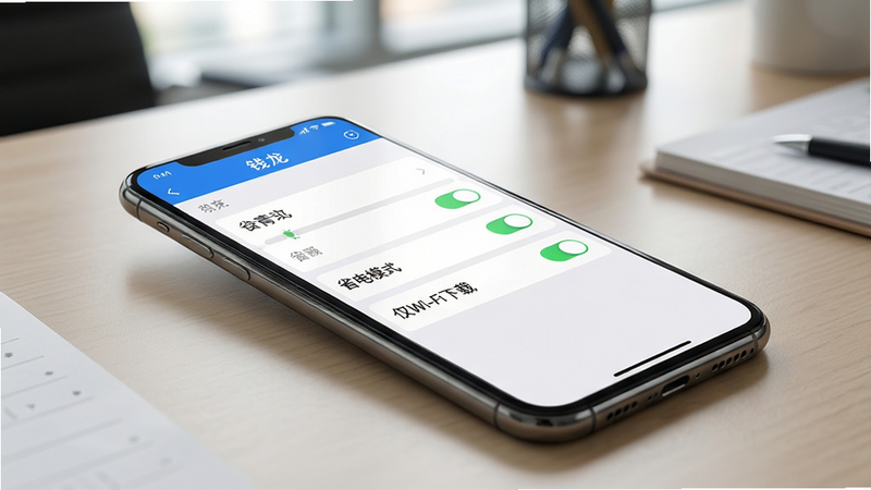 ���壺һ�������ֻ����ڰ칫���ϣ���Ļ��ʾ��Ǯ������������ҳ�棬ͻ����ʡ��ģʽ���͡���Wi-Fi���ء�ѡ����֣��ֻ�б�ţ�����Ϊ�칫�������Ű棺��Ļ���������������룬����״̬���ԡ����дʵ��Ӱ��񣬹�����͡�ϸ�ڣ��ֻ��߿�߹⣬��Ļ���������ɶ������ʣ����壬�ɾ����޶���Ԫ�ء�