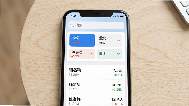 ���壺�����ֻ���Ļ��д����ʾ��Ǯ��������������ѡ�ɽ��棬����ɸѡ���������б������֣��ֻ���Ļ���У�����Ϊǳɫľ�����档�Ű棺���涥�����������в�Ϊ����ѡ�������硰�Ƿ����������ȡ������·�Ϊ��Ʊ�б�����񣺼����������Ƭʽ���֡�ϸ�ڣ���Ʊ����������ú�ɫ���壬�ǵ��ٷֱ��ú�ɫ����ɫ��ע��ѡ������������ʾ�����ʣ������������ɾ����޶���Ԫ�ء�