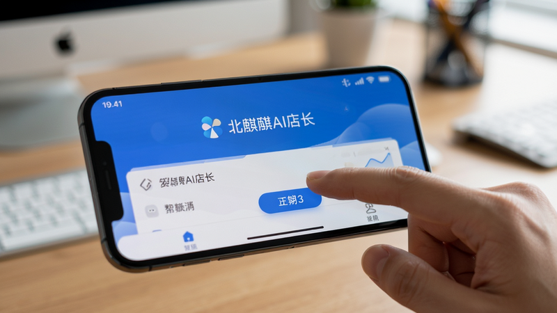 主体:手机操作北麒AI店长的实拍图,手指点击屏幕。布局:手机横屏,背景为模糊的办公桌。排版:突出手机屏幕内容。风格:真实场景,自然光线。细节:屏幕显示软件界面,手指点击按钮。画质:高清,干净,无多余元素。