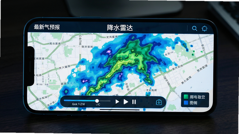 主体:智能手机横屏显示“最新天气预报”的降雨雷达图,地图上覆盖着蓝色和绿色的降水区域动画。布局:手机屏幕占据画面主体,背景为深色桌面,突出雷达图。排版:雷达图上方有“降水雷达”标题,下方有时间进度条和播放/暂停按钮。风格:科技感强,色彩对比明显。细节:地图上显示街道名称,降水区域以动态色块呈现,右下角有图例。画质:高清,无多余元素。