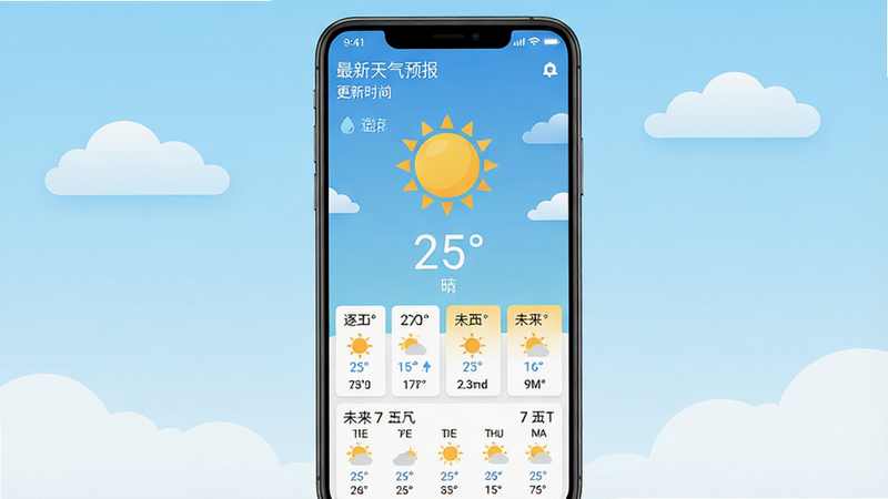 主体:一款名为“最新天气预报”的安卓手机应用界面展示,手机屏幕正中央显示当前城市的天气信息,包括大大的太阳图标、温度“25°”、天气状态“晴”,下方排列着未来几天的天气预报卡片。布局:手机位于画面中央,背景为淡蓝色渐变天空,带有几朵白云,整体构图平衡。排版:界面信息层级分明,上方为城市名称和更新时间,中间为天气大图标和温度,下方为逐小时预报和未来7天预报列表。风格:扁平化设计,色彩清新明快,符合现代移动应用审美。细节:屏幕中显示“最新天气预报”应用名称,界面元素包括湿度、风力、空气质量指数等数据。画质:高清渲染,干净无多余元素。
