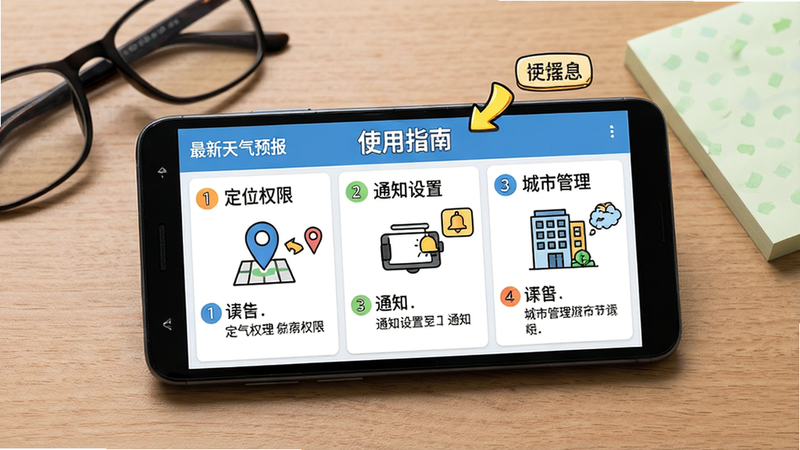 主体:一部安卓手机横屏显示“最新天气预报”应用的使用指南界面,屏幕上有“使用指南”标题,下方是图文并茂的操作步骤。布局:手机置于木质桌面上,旁边放有眼镜和便签本。排版:屏幕内容分为三栏,分别为“定位权限”、“通知设置”、“城市管理”。风格:教育风格,配有卡通箭头和标注框。细节:每一步骤有数字序号,并配有简洁图标,整体清晰明了。画质:高清,干净,无多余元素。