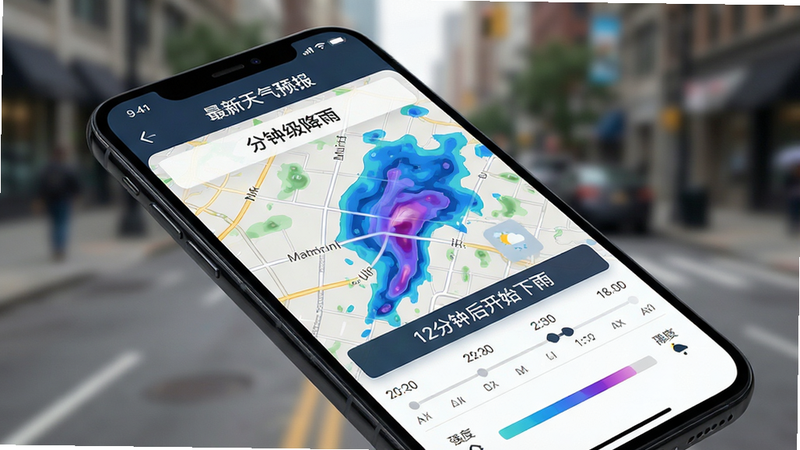 主体:智能手机屏幕特写,显示“最新天气预报”的分钟级降雨预报界面,地图上以不同颜色标注降雨区域,并显示“12分钟后开始下雨”的提示条。布局:手机斜放,背景为模糊的户外街道,突出屏幕内容。排版:屏幕上方为“分钟级降雨”标题,中间为动态降雨雷达图,下方为时间轴和降雨强度指示。风格:科技感与实用性结合,界面清晰易读。细节:地图上可见街道名称,降雨区域用蓝色和紫色渐变表示,提示文字清晰可见。画质:高分辨率,画面干净,无多余元素。