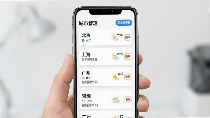 主体:“最新天气预报”应用的多城市管理页面,列表显示北京、上海、广州、深圳等城市的天气概况,每个城市右侧有温度、天气图标和删除按钮。布局:手机竖屏,背景为纯白色,突出列表内容。排版:顶部为“城市管理”标题,下方为可拖动的城市卡片列表,每个卡片高度一致。风格:简洁的列表设计,采用卡片式分隔,直观易操作。细节:当前定位城市带有“定位”小图标,其他城市显示最后更新时间,右上角有“添加城市”按钮。画质:高清,界面干净,无多余元素。
