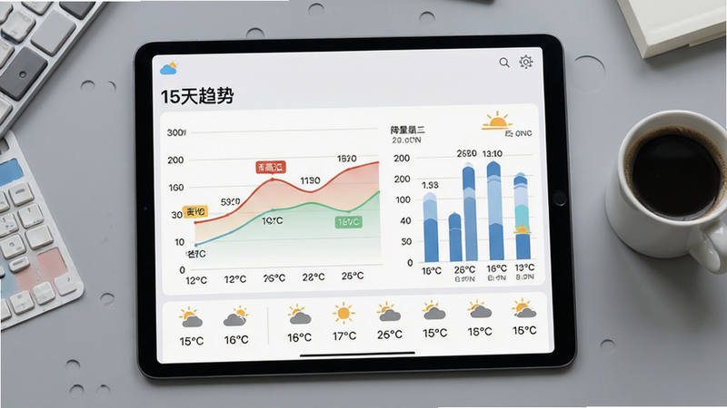 主体:“最新天气预报”应用内15天趋势预报页面,以折线图和柱状图展示未来两周的气温与降水变化,图表下方配有天气图标列表。布局:平板电脑横屏展示,背景为简约的灰色工作台,旁边放有一杯咖啡。排版:页面顶部为“15天趋势”标题,中间为大幅折线图,底部为每日天气图标和温度范围。风格:商务简洁风,图表配色柔和,易于阅读。细节:折线图上标注最高温与最低温,柱状图代表降水量,并配有日出日落时间。画质:高清,干净整洁,无多余元素。