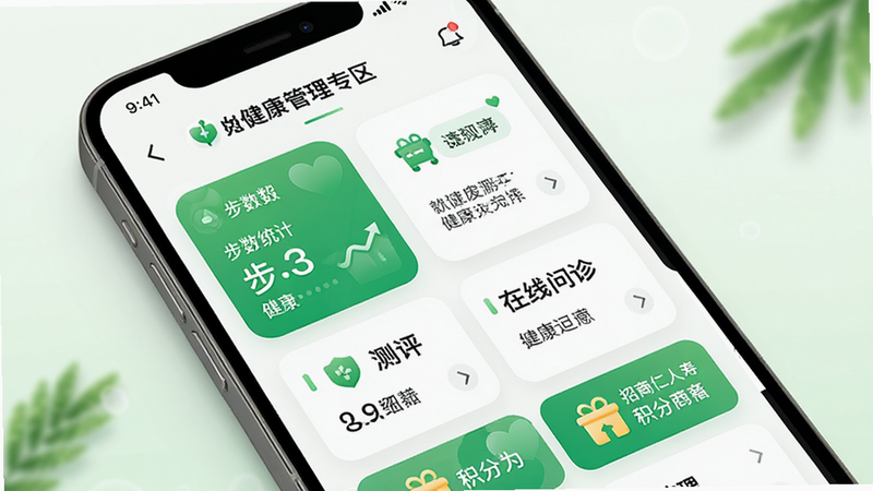 招商仁和人寿APP健康管理专区,主体为手机界面,包含步数统计、健康测评、在线问诊等入口,布局卡片式,排版活泼,风格清新,细节有绿色健康元素和积分商城标识,画质高清,干净明亮