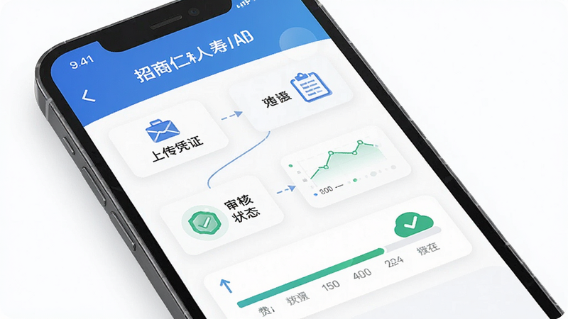 招商仁和人寿APP理赔服务流程,主体为手机界面,展示理赔申请步骤和进度条,布局步骤式,排版清晰,风格简洁,细节包含上传凭证和审核状态图标,画质高清,无多余元素