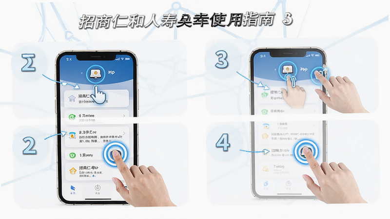 招商仁和人寿APP使用指南图解,主体为手机操作步骤示意图,布局分步骤展示,排版直观,风格简洁教育,细节包含点击、滑动手势图标,画质高清,干净无多余元素