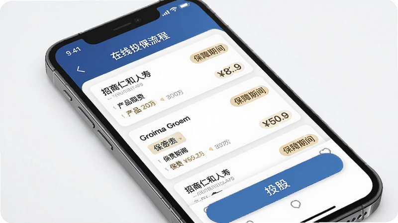 招商仁和人寿APP在线投保流程,主体为手机界面,展示产品列表和投保按钮,布局列表式,排版清晰,风格商务,细节包含保费价格和保障期限标签,画质高清,干净无多余元素