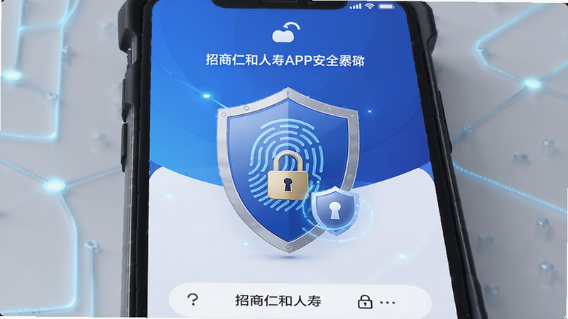 招商仁和人寿APP安全防护界面,主体为手机锁屏和指纹验证图标,布局居中,排版大气,风格科技感,细节包含盾牌、加密锁等安全元素,画质高清,干净无多余元素