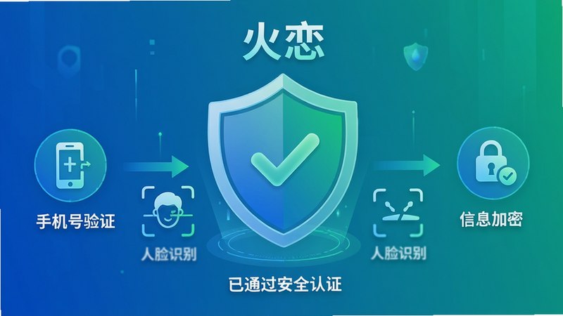主体:一幅展示“火恋”APP安全认证流程的插图,画面中央是一个盾牌图标,盾牌内有对勾,周围环绕着“手机号验证”、“人脸识别”和“信息加密”三个小图标。布局:流程图式,从左至右依次排列。排版:简洁清晰,图标下方有文字说明。风格:科技感,蓝色和绿色为主色调。细节:盾牌上方有“火恋”字样,下方有一行小字“已通过安全认证”。画质:高清,干净,无多余元素。