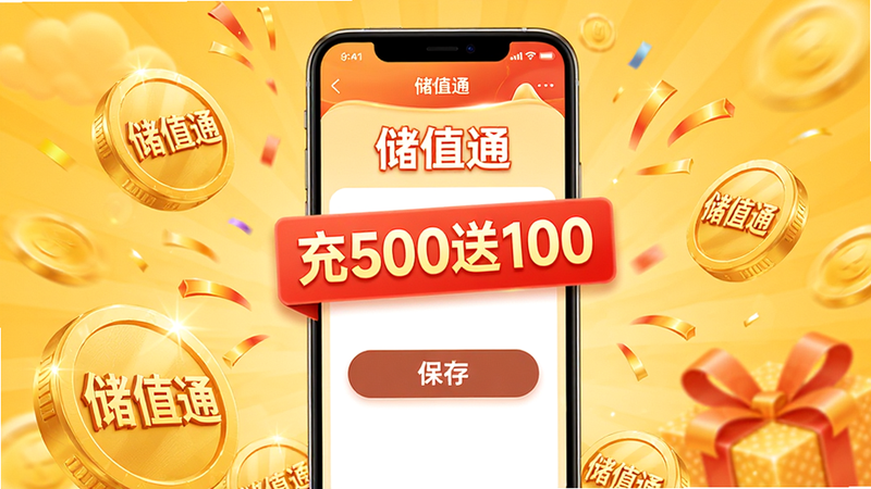主体:手机屏幕显示“储值通”充值活动设置界面,背景为暖黄色。布局:屏幕中央有“充500送100”红色标签,下方有“保存”按钮;手机周围有金币和礼花装饰。排版:手机竖直放置,活动文字醒目。风格:促销海报风格,色彩鲜艳。细节:金币上有“储值通”字样,活动规则清晰。画质:高分辨率,干净无多余元素。