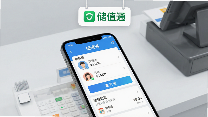 画面主体:一部智能手机屏幕显示“储值通”主界面,背景为浅灰色,桌面有店铺收银台。布局:手机居中,屏幕内清晰展示会员列表、充值按钮、消费记录等模块;四周留白,上方悬浮“储值通”绿色Logo。排版:手机略倾斜,屏幕内容朝向前方,文字可辨。风格:扁平化UI风格,色调以蓝白为主,干净明亮。细节:屏幕中会员头像、金额数字清晰,界面无多余图标。画质:高清渲染,干净无多余元素。