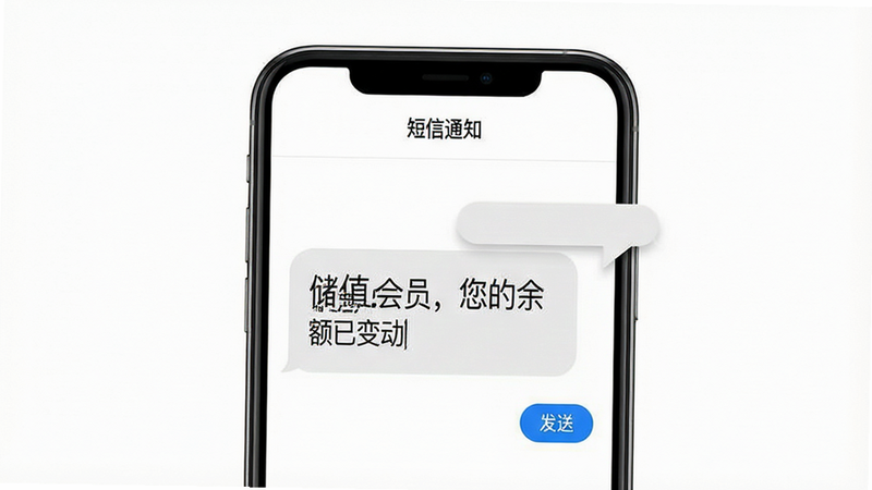主体:手机屏幕显示“储值通”短信模板编辑框,背景为白色。布局:上方有“短信通知”标题,下方为模板文字“亲爱的会员,您的余额已变动”,右侧有发送按钮。排版:手机居中,短信气泡从顶部弹出。风格:简洁商务风格。细节:短信内容包含“储值通”字样,字体清晰。画质:高清渲染,干净无多余元素。