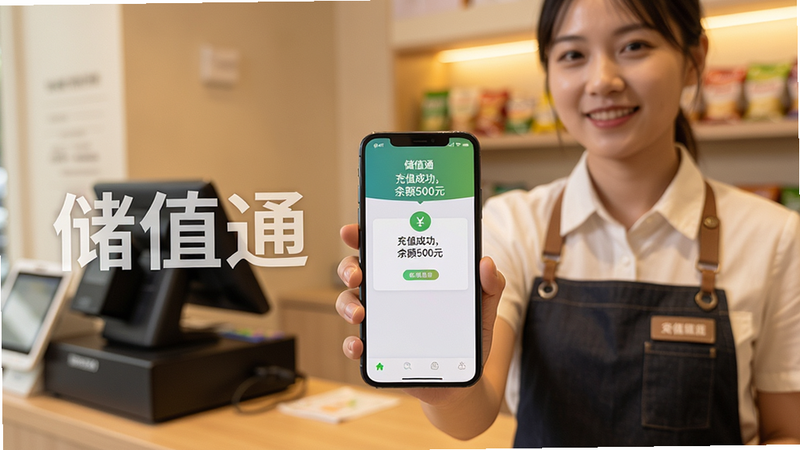 主体:一位店员手持手机展示“储值通”界面,背景为实体店铺收银台。布局:店员位于画面右侧,手机屏幕正对镜头,显示会员充值成功提示;左侧有“储值通”字样水印。排版:人物半身像,手机清晰。风格:写实摄影风格,暖色调。细节:手机屏幕显示“充值成功,余额500元”,字体清晰。画质:高清照片质感,干净无多余元素。