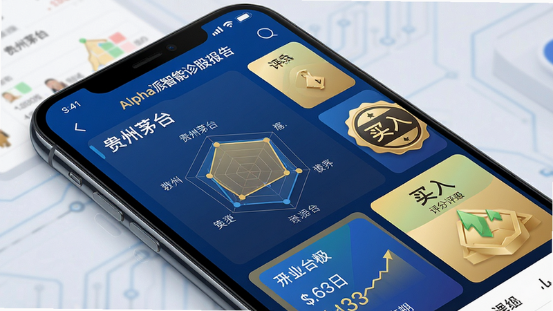 主体:手机屏幕显示Alpha派智能诊股报告页面,包含雷达图与评分等级。布局:手机斜放,左侧为股票名称“贵州茅台”,右侧为“买入”评级徽章。排版:报告分为多个卡片模块,色彩区分明显,文字清晰。风格:商务科技感,蓝金配色,细节精致,画质干净,无多余元素。