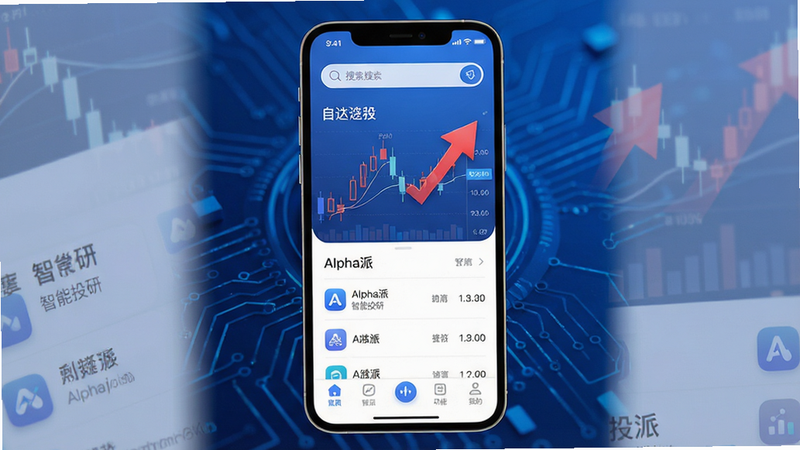 主体:手机屏幕展示Alpha派主界面,界面布局清晰,上方为搜索栏,中间为自选股列表,下方为功能导航栏。布局:手机居中,背景为深蓝色科技感渐变,屏幕内显示K线图与红色上涨箭头。排版:界面元素对齐整齐,图标圆润,文字标签为“Alpha派”与“智能投研”。风格:现代扁平化结合微拟物,色调以蓝白为主,细节丰富,画质高清,干净无多余元素。