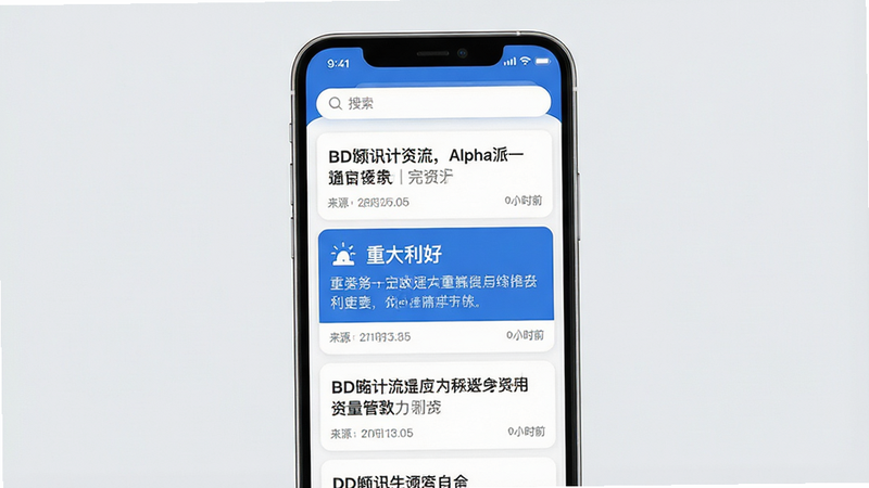 主体:手机屏幕展示Alpha派资讯流页面,顶部为搜索框,下方为新闻卡片列表。布局:手机竖屏居中,背景为浅灰色,卡片包含标题、来源、时间。排版:卡片错落有致,一条新闻高亮显示“重大利好”。风格:清新简洁,白色背景配蓝色点缀,画质高清,干净无多余元素。