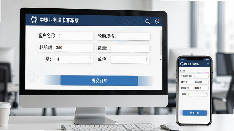 一张“中策业务通卡客车版”开单界面设计图,屏幕上显示客户名称、轮胎规格、数量、单价等字段,下方有“提交订单”按钮,背景为电脑和手机同步显示的办公场景,画面整洁,UI设计简洁,商业风格,高清画质